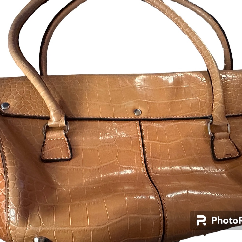 NYC satchel faux snakeskin camel colored purse